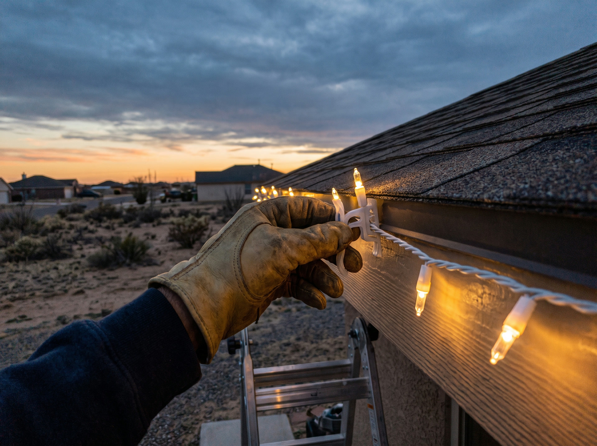 A gloved hand clipping a strand of warm Christmas lights onto a Lubbock home's roofline at dusk