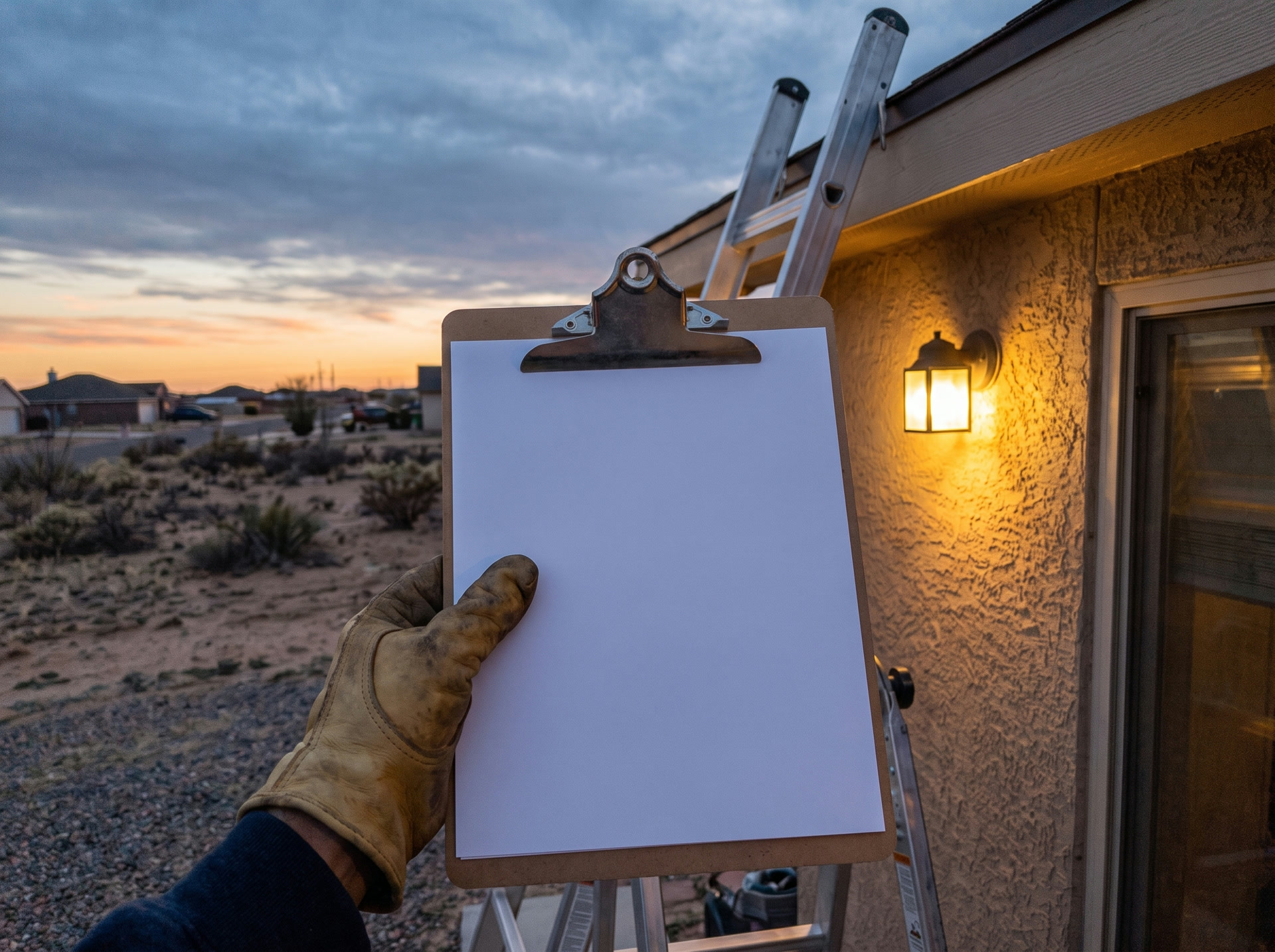 A gloved hand holding a clipboard in front of a Lubbock home at dusk during a Christmas light estimate, a ladder leaning against the roofline