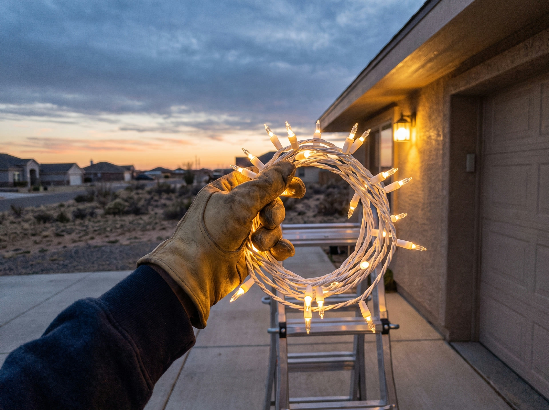 A gloved hand holding a neatly coiled strand of Christmas lights beside a ladder after a Lubbock takedown at dusk